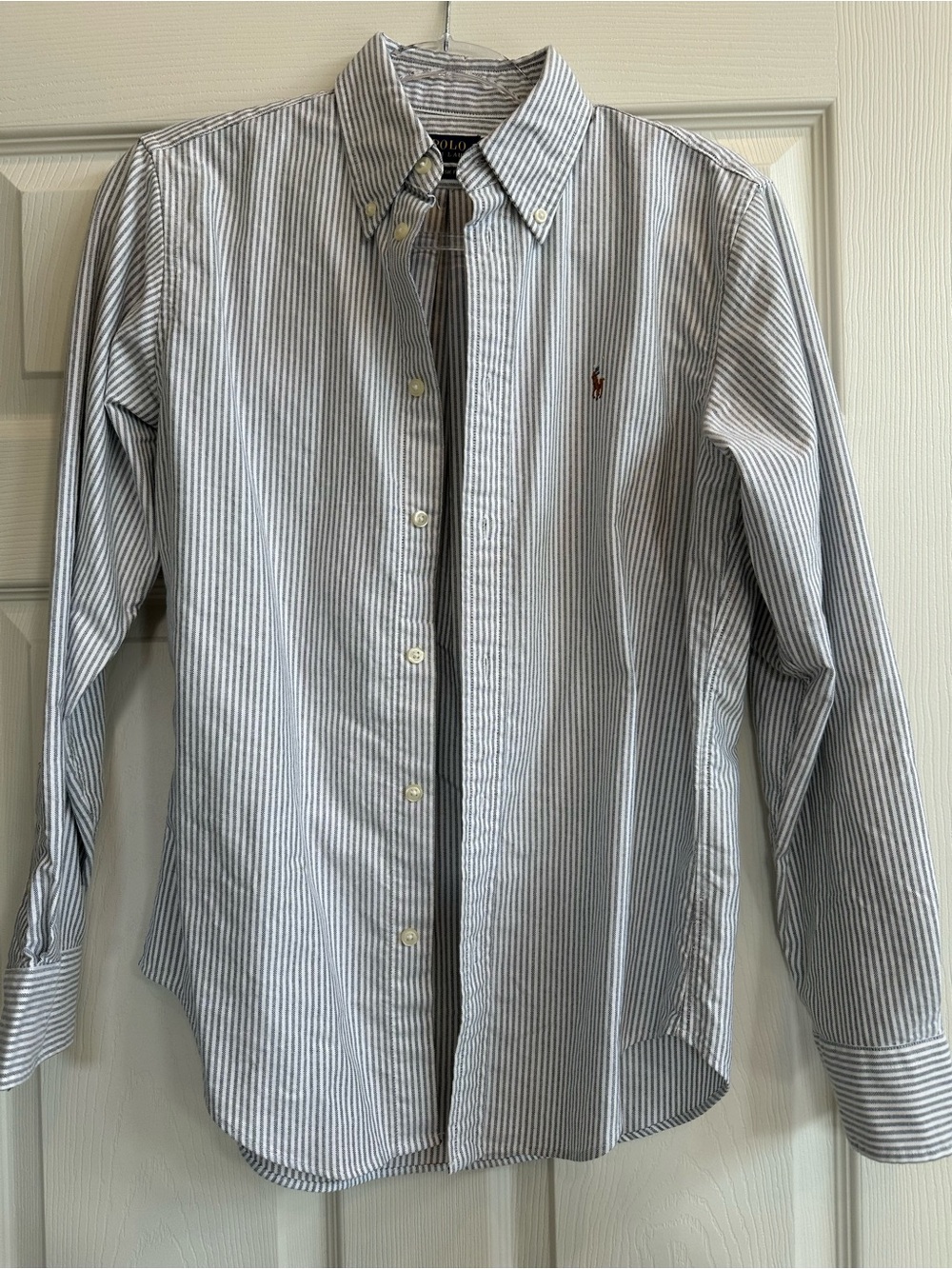 Ralph Lauren Women’s Muted Denim Blue and White Striped Button-Down Shirt